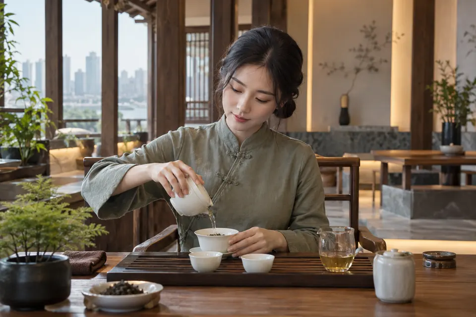 新中式茶席上以盖碗冲泡，桌面摆放茶具与茶巾