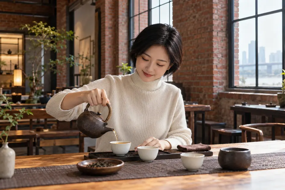 红砖空间内以陶壶倒茶，桌面为深色木作