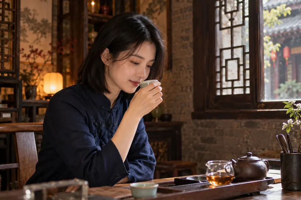 深色木作室内，以陶杯闻香的品茶场景